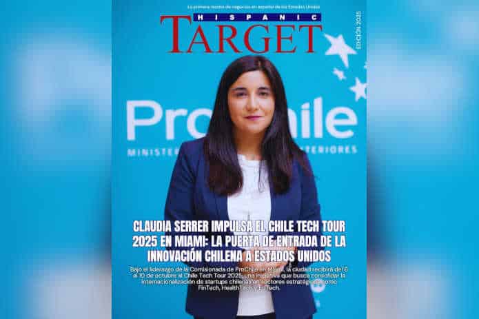 Claudia Serrer en la portada de Hispanic Target Magazine: impulsa el Chile Tech Tour 2025 en Miami, la puerta de entrada de la innovación chilena a Estados Unidos